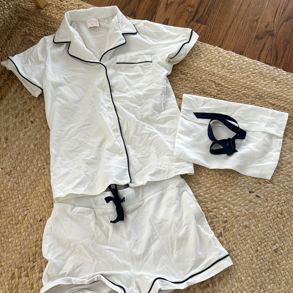 Le Rose Bridal White Pajama Set with Navy Trim